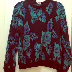 Vintage Green and Blue Rose Sweater